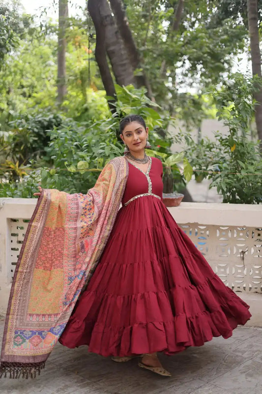 Mohini 9275 Maroon Color Roman Gown Dupatta Collection With Mirror Lace Work