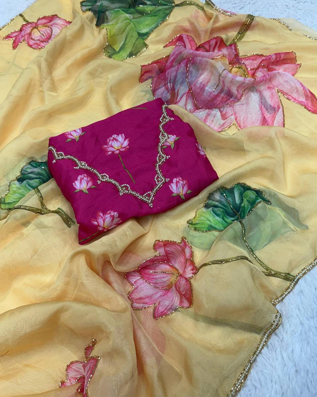 WMS Soft Taby Organza Silk Saree With Digital Print Hand Made Collection