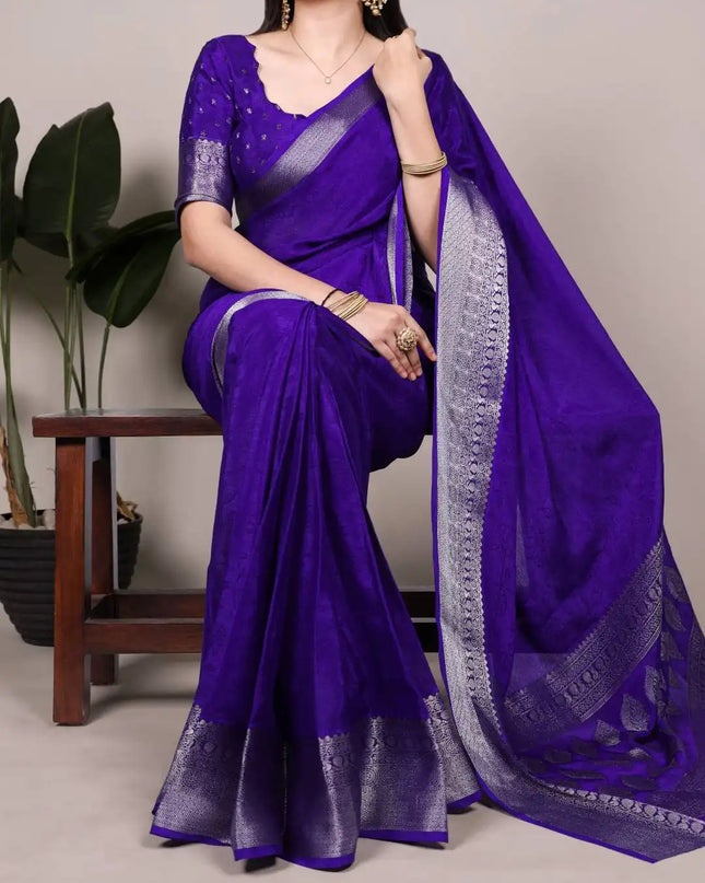 WMN 7916 Biue Color Chinon Printed Weaving Work Saree