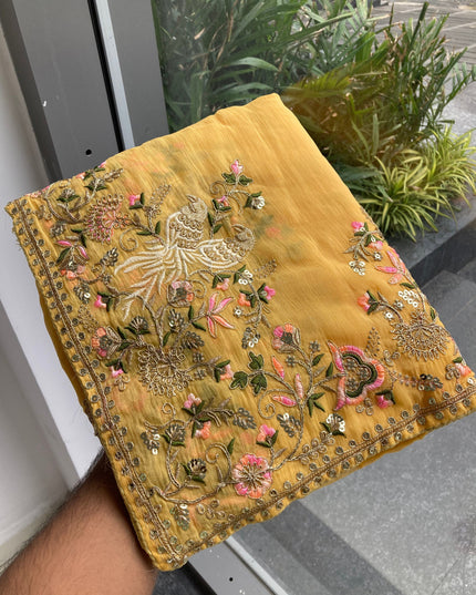 Kiara Animal Moss Chiffon Embroidery Haldi Function Saree