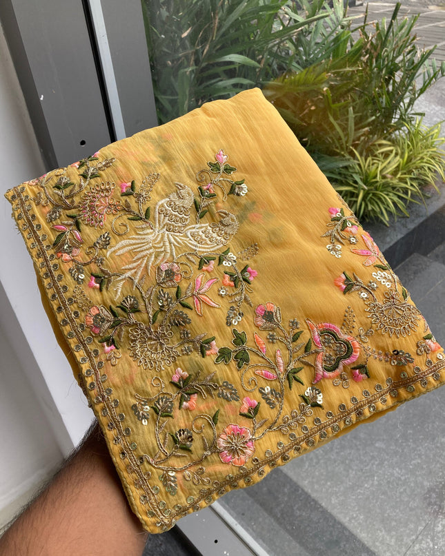 Kiara Animal Moss Chiffon Embroidery Haldi Function Saree