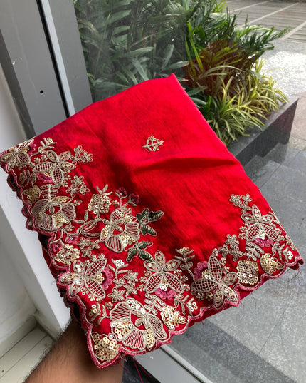 Kiara Rajkumari Red Fendy Chiffon Party Wear Saree Collection