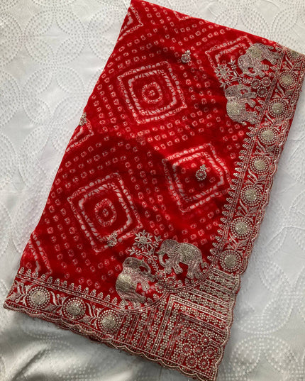 Kiara Priyal Red Georgette Bandhej Printed Embroidery Saree 2026