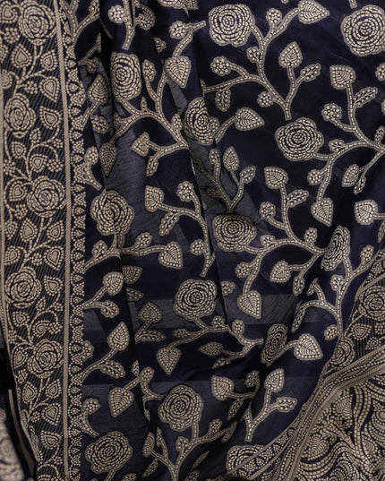 WMN 8004 Navy Blue Cotton Silk Flower Printed Saree