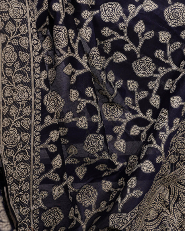 WMN 8004 Navy Blue Cotton Silk Flower Printed Saree