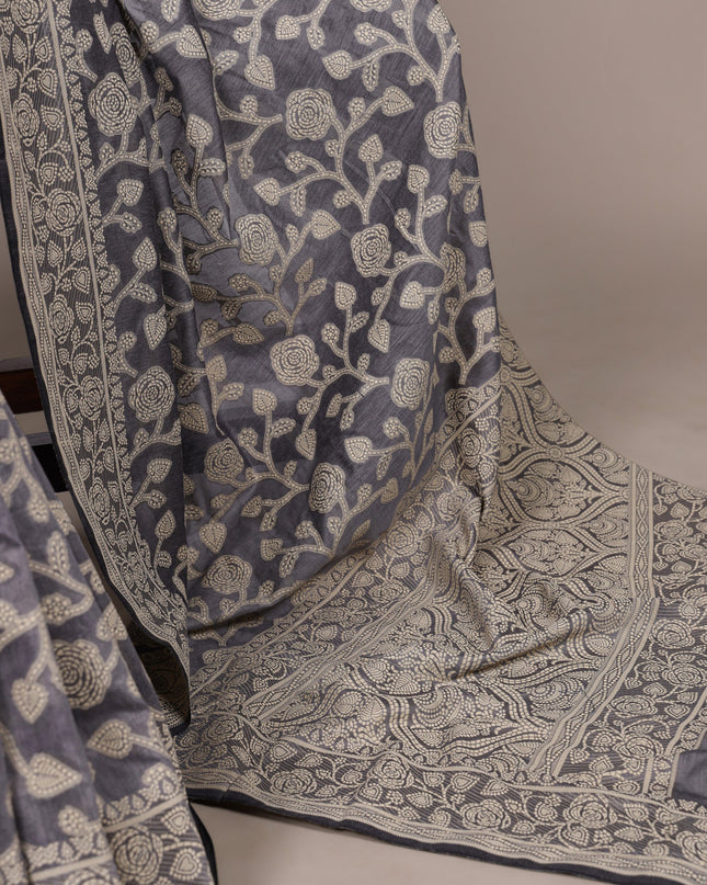 WMN 8004 Grey Cotton Silk Flower Printed Saree