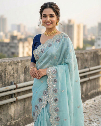 Kusum 812 Sky Blue Gold Crush Thread Work Saree 2026