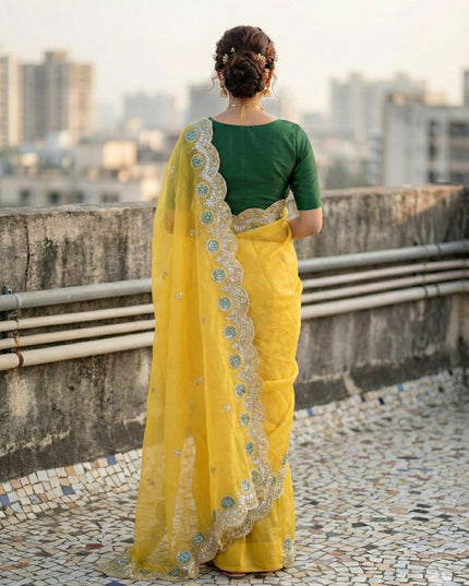 Kusum 812 Yellow Gold Crush Thread Work Festival Saree