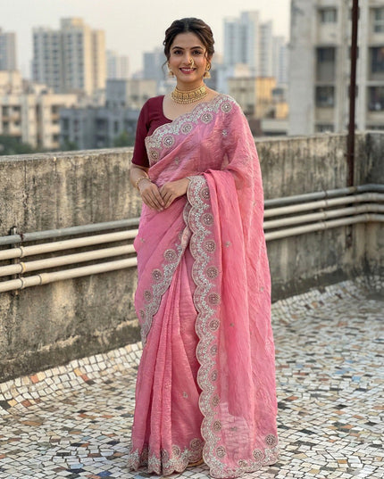 Kusum 812 Pink Gold Crush Thread Work Party Wear Saree
