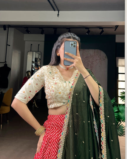 WMN 1416 Red Rayon Bandhej Ajrakh Printed Lehenga Choli