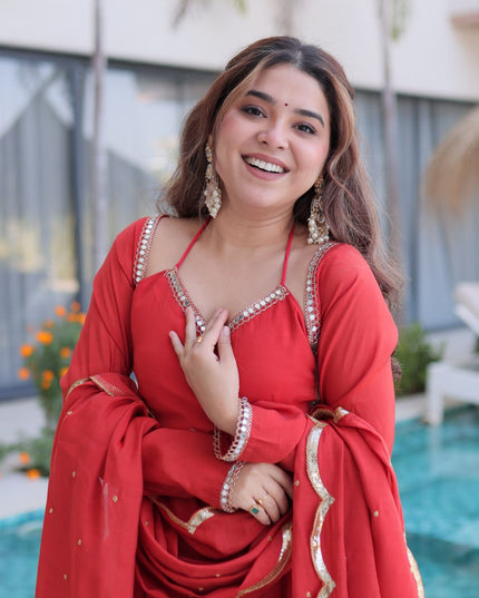 Moni 1237 Red Mul Chanderi Mirror Lace Work Readymade Dress