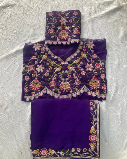Kiara Azira Purple Satin Chiffon Embroidery Work Saree
