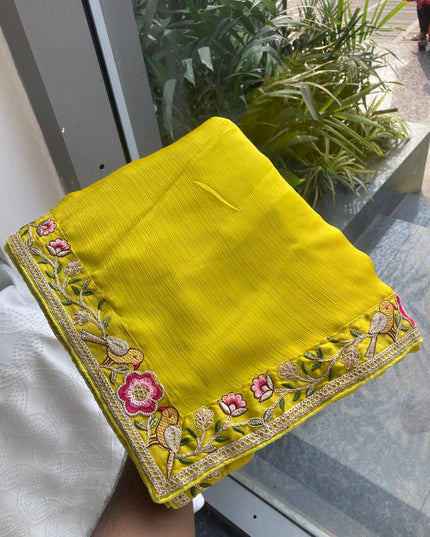 Kiara Azira Yellow Satin Chiffon Embroidery Saree For Women