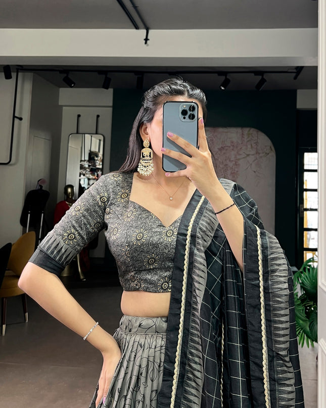 WMN 1206 Grey Tasar Silk Kalamkari Printed Lehenga With Lace Border