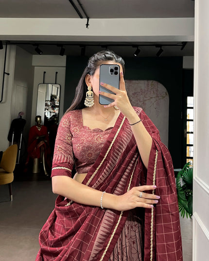 WMN 1206 Maroon Tasar Silk Kalamkari Printed Lehenga Choli Collection