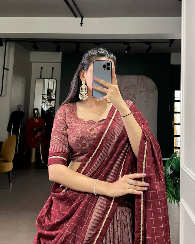 WMN 1206 Maroon Tasar Silk Kalamkari Printed Lehenga Choli Collection