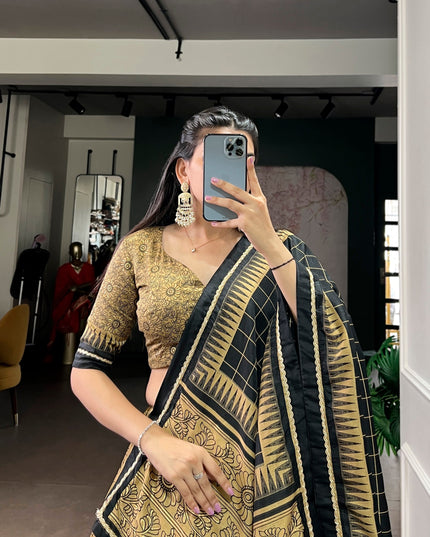 WMN 1206 Golden Tasar Silk Kalamkari Printed Lehenga Choli For Women