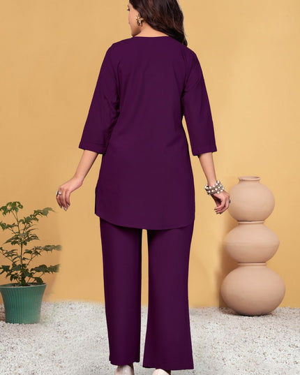 Lila 133 Purple Viscose Rayon Co Ord Set With Multi Embroidery