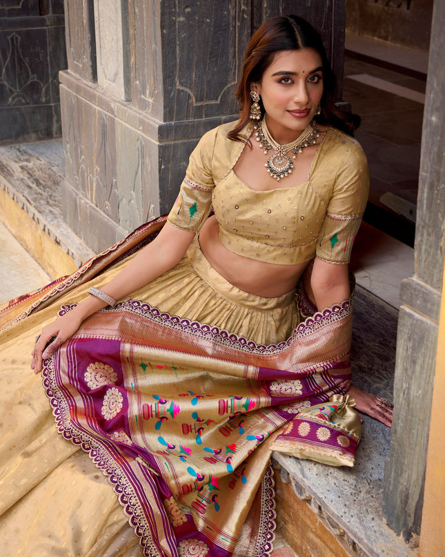 WMN 2032 Cream Organza Zari Weaving Paithani Lehenga Choli