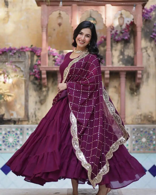 Mohini 9212 Maroon Color Flair Gown Made With Star Georgette Embroidered Dupatta