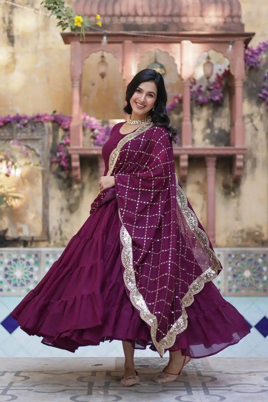 Mohini 9212 Maroon Color Flair Gown Made With Star Georgette Embroidered Dupatta