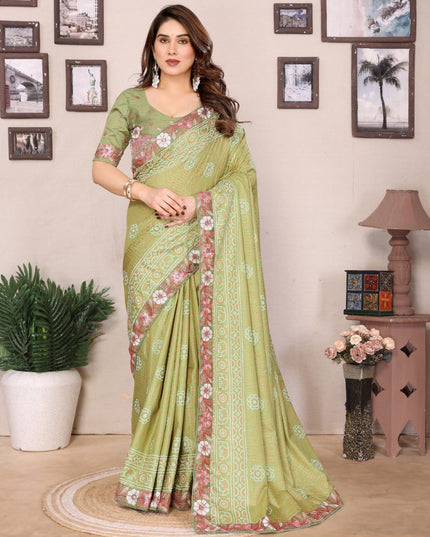 Kiara Panetar 3 Vichitra Silk Bandhani Print Green Color Saree Collection
