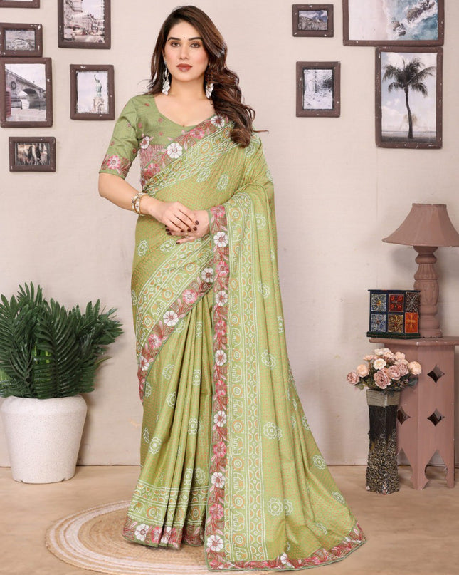 Kiara Panetar 3 Vichitra Silk Bandhani Print Green Color Saree Collection