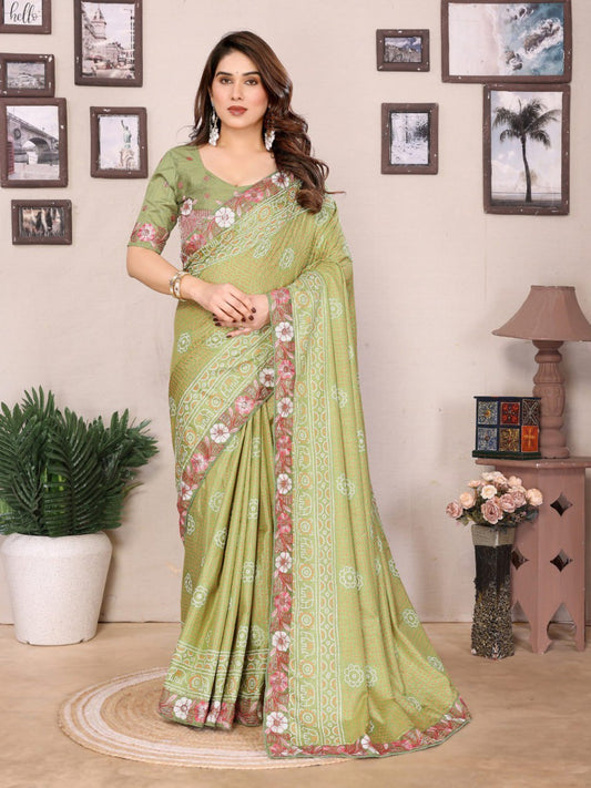 Kiara Panetar 3 Vichitra Silk Bandhani Print Green Color Saree Collection