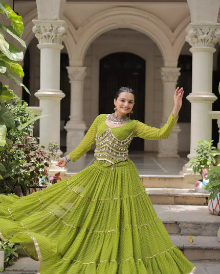 Moni 5047 Parrot Green Color Leheriya Printed Navratri Lehenga Choli Collection
