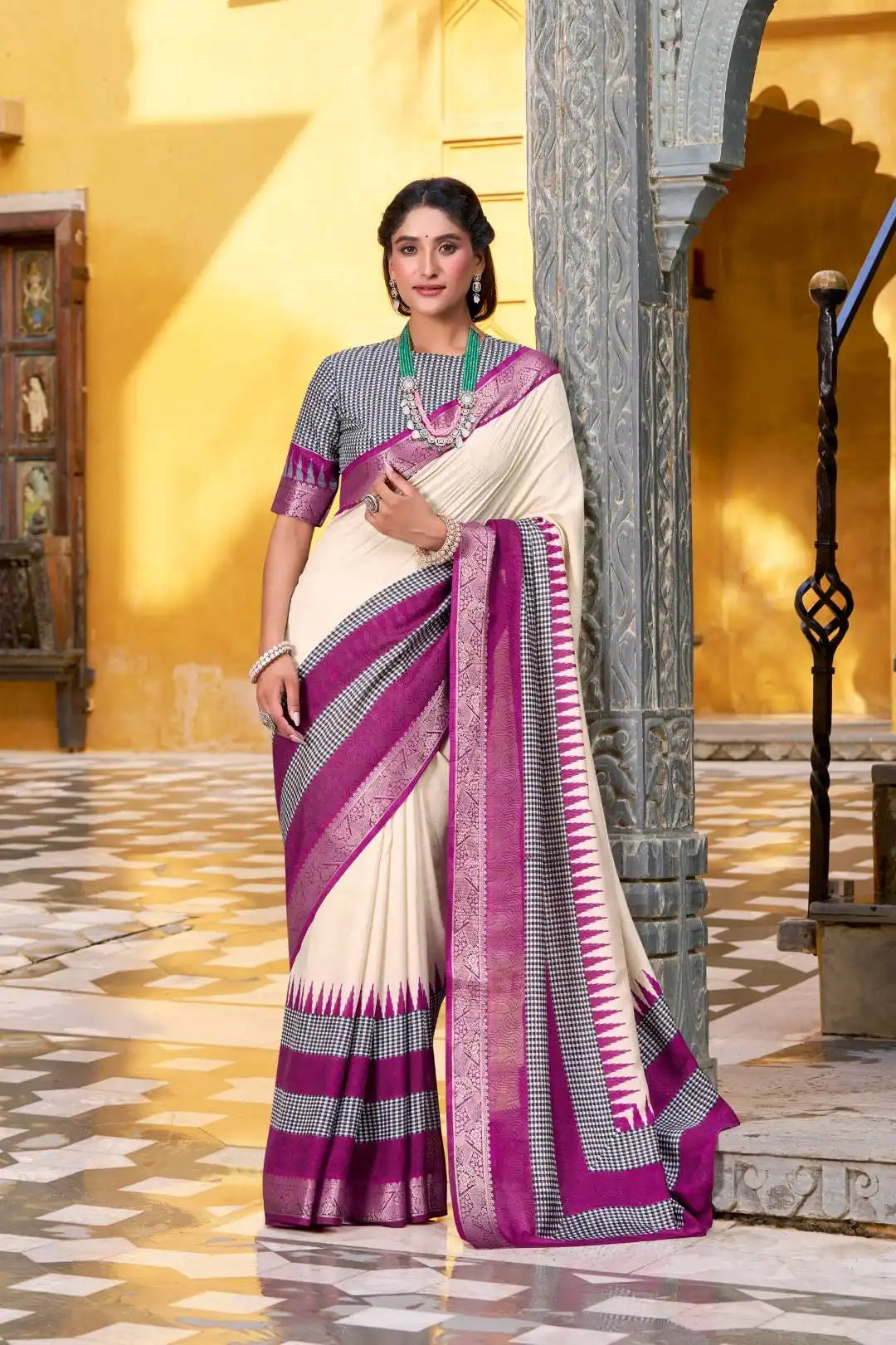 WMN 7049 Meeshrii Poly Cotton Sari Collection Cream