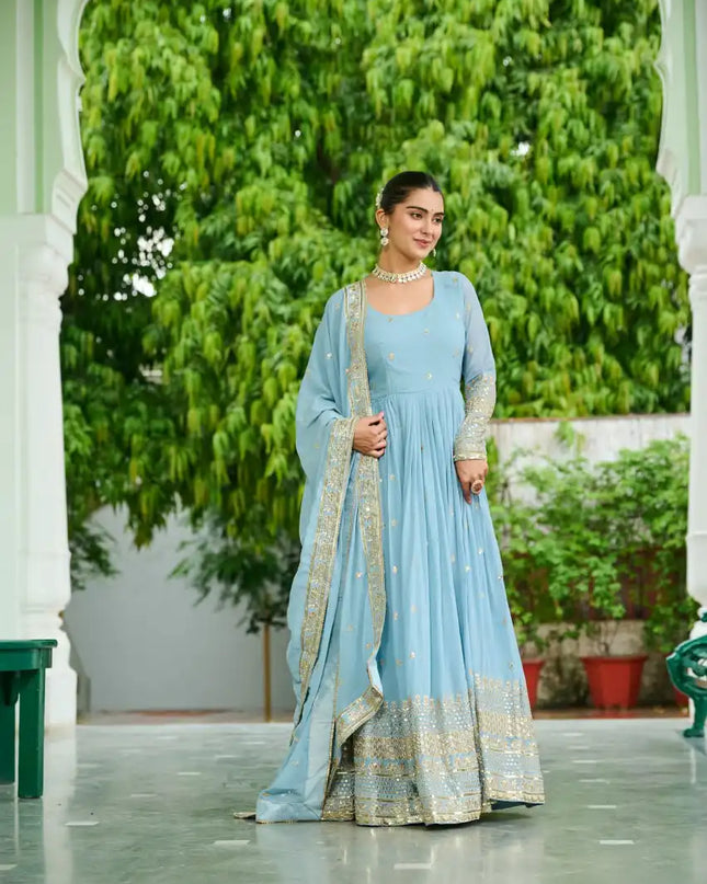 Mohini 9270 Sky Blue Color Faux Georgette Gown Dupatta With Embroidered