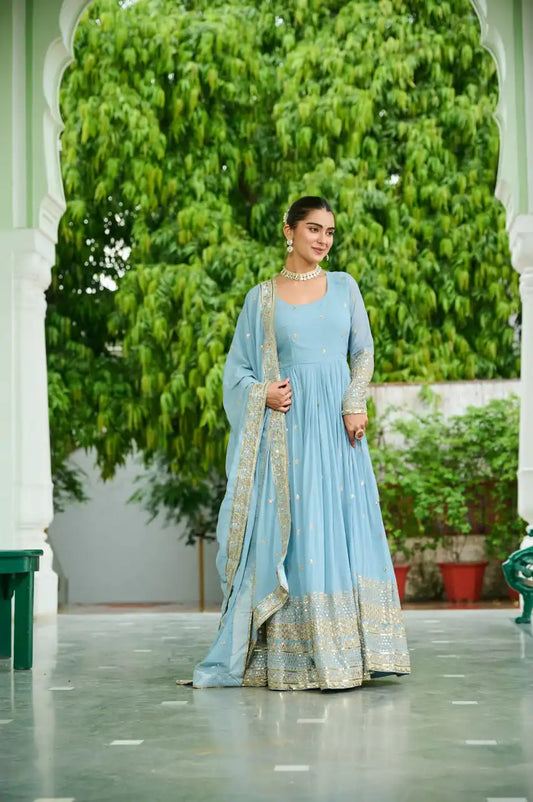 Mohini 9270 Sky Blue Color Faux Georgette Gown Dupatta With Embroidered
