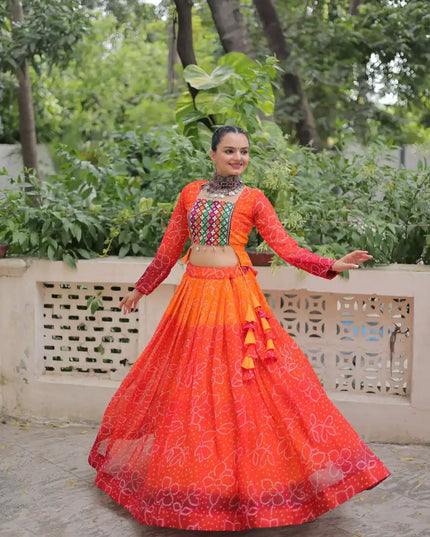 Moni 5049 Georgette Bandhani Printed Orange Color Navratri Skirt Top Collection