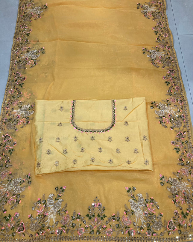Kiara Animal Moss Chiffon Embroidery Haldi Function Saree