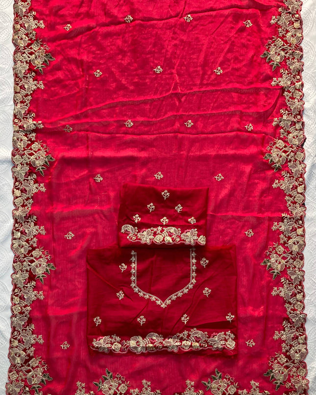 Kiara Rajkumari Red Fendy Chiffon Party Wear Saree Collection