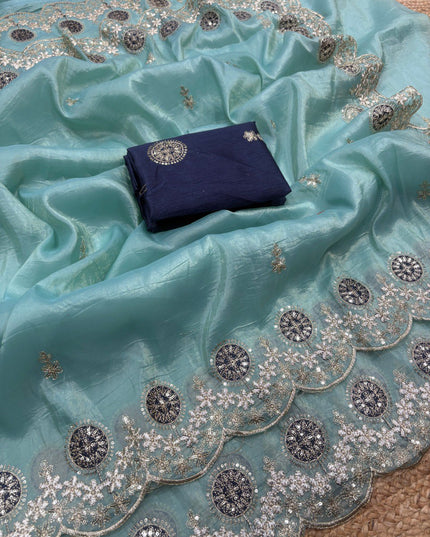 Kusum 812 Sky Blue Gold Crush Thread Work Saree 2026