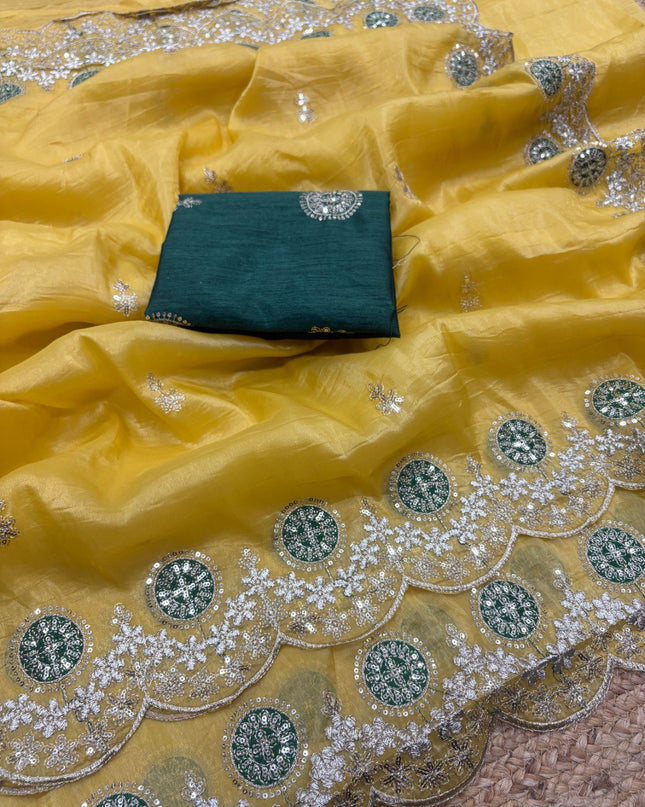 Kusum 812 Yellow Gold Crush Thread Work Festival Saree
