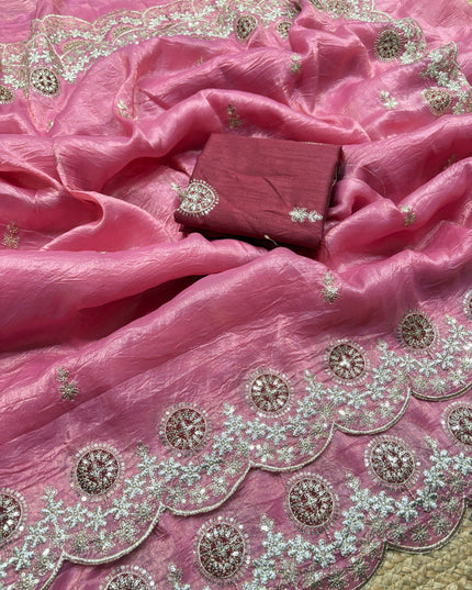 Kusum 812 Pink Gold Crush Thread Work Party Wear Saree