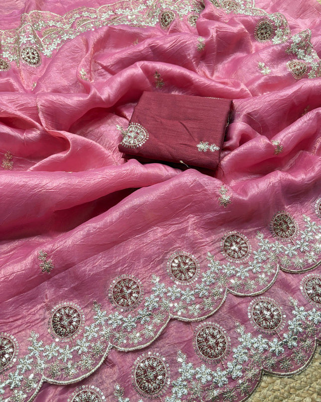 Kusum 812 Pink Gold Crush Thread Work Party Wear Saree