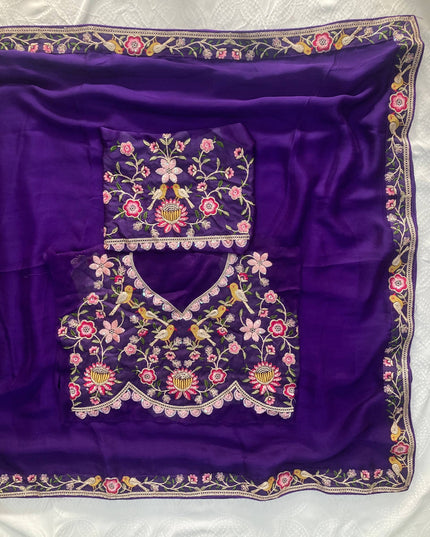 Kiara Azira Purple Satin Chiffon Embroidery Work Saree