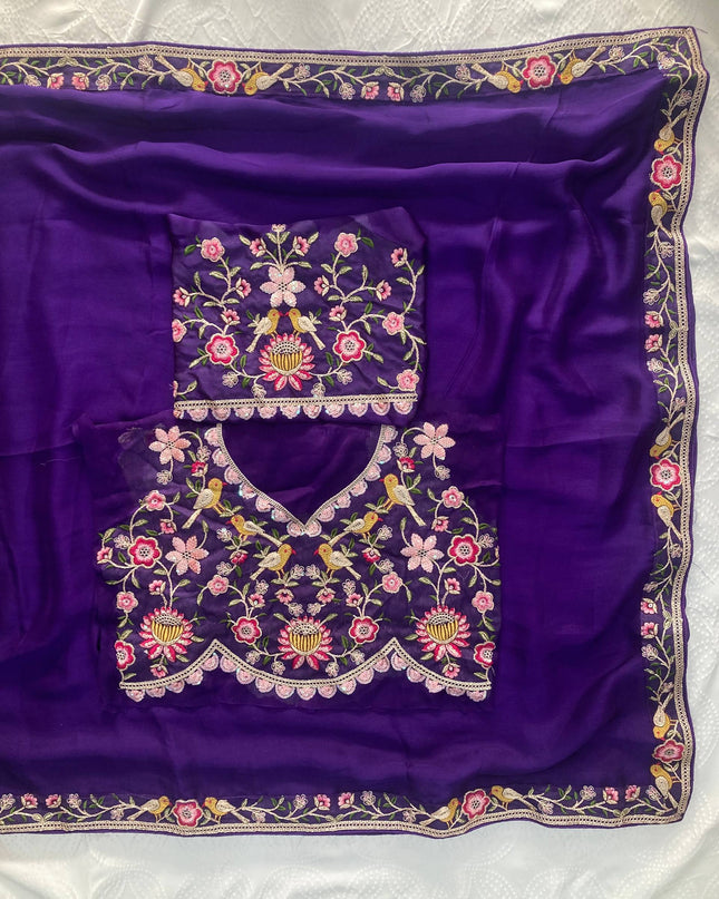 Kiara Azira Purple Satin Chiffon Embroidery Work Saree