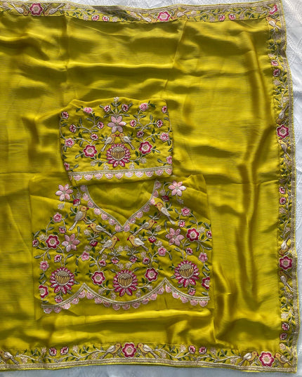 Kiara Azira Yellow Satin Chiffon Embroidery Saree For Women