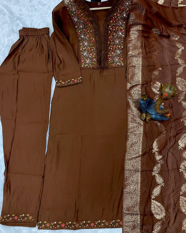 Lila 135 Brown Roman Silk Hand Work Kurti Pant With Dupatta