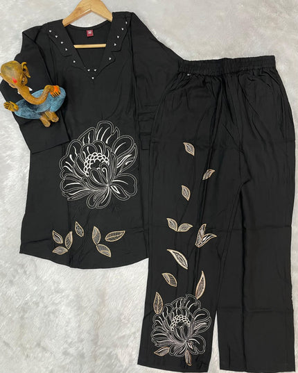 Lila 133 Black Viscose Rayon Co Ord Set With Embroidery Hend Work
