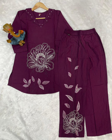 Lila 133 Purple Viscose Rayon Co Ord Set With Multi Embroidery
