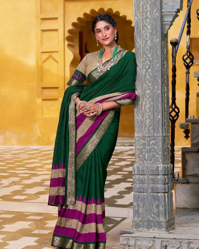 WMN 7049 Meeshrii Poly Cotton Sari Collection Forestgreen