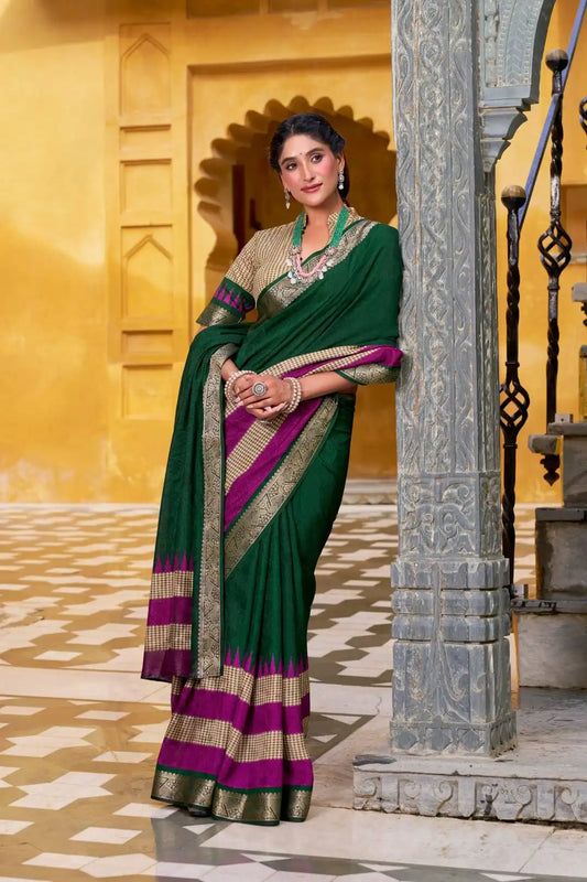 WMN 7049 Meeshrii Poly Cotton Sari Collection Forestgreen