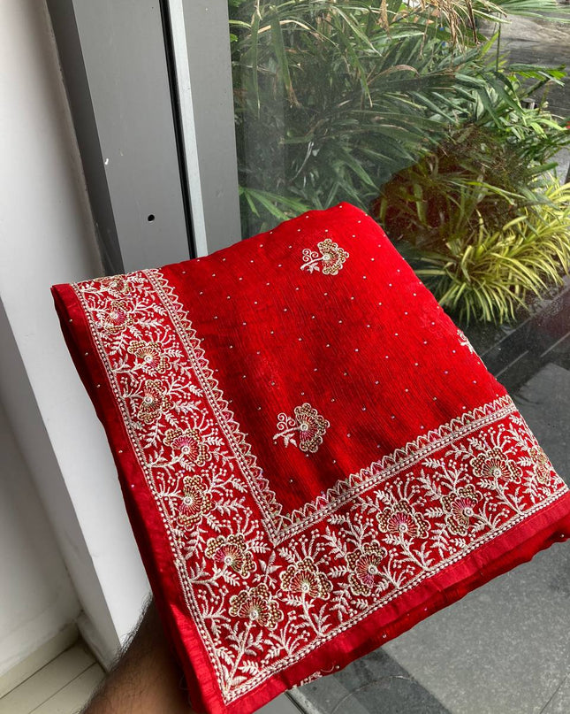 Kiara Hammers 2 Party Wear Red Soft Fendi Chiffon Silk Saree