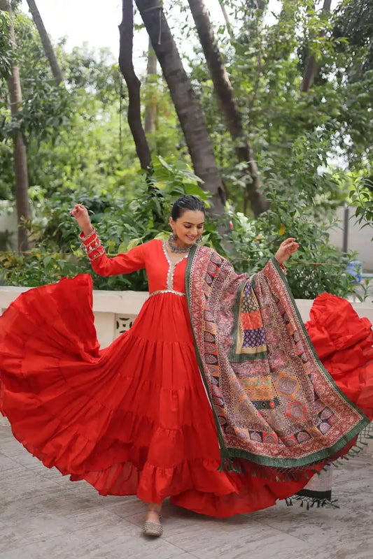 Mohini 9275 Red Color Roman Gown Dupatta Collection With Mirror Lace Work