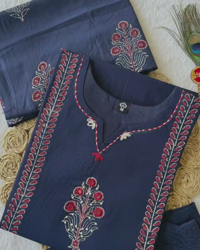 KR 398 Navy Blue Cotton Block Printed Readymade Dress